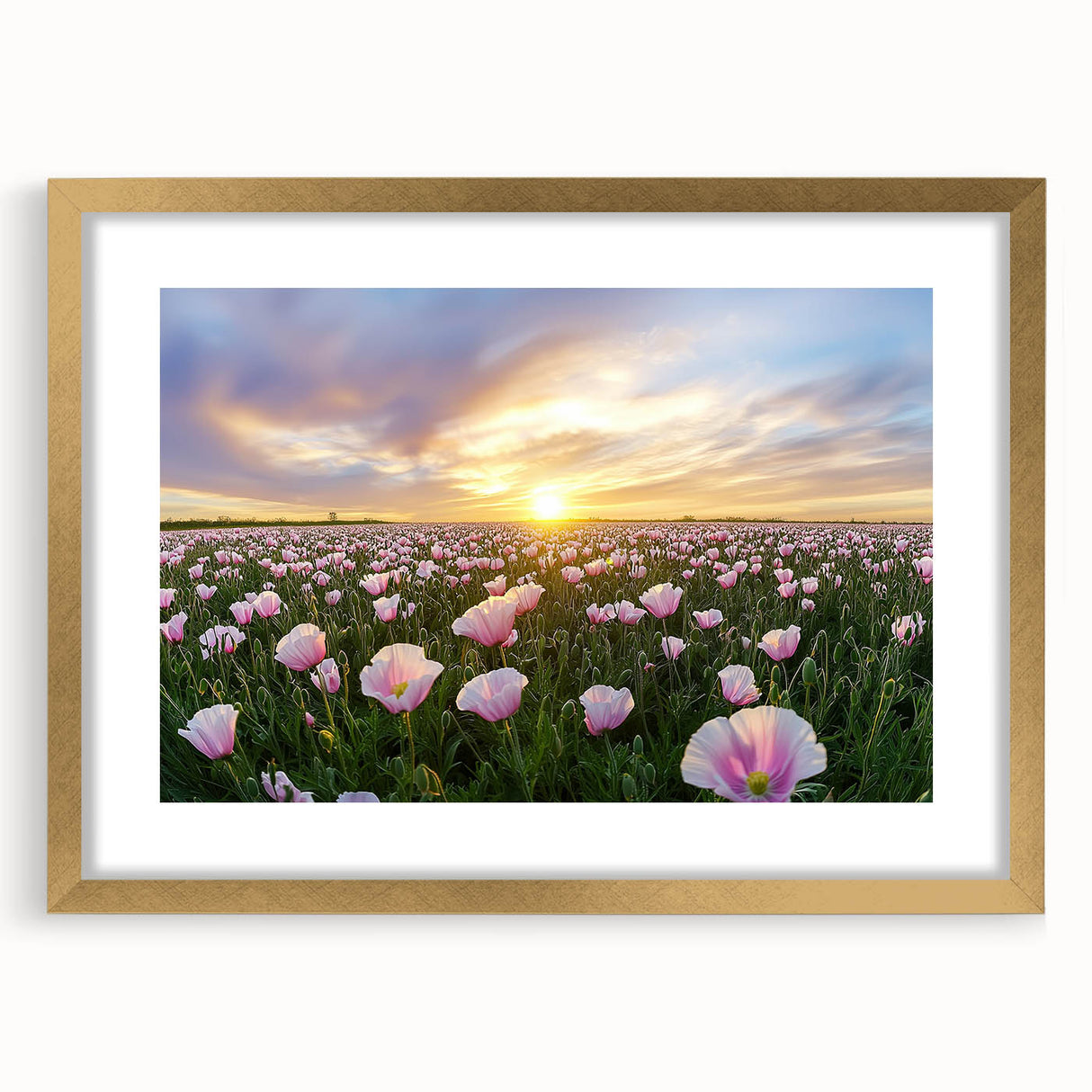 Framed landscape artwork featuring vibrant green fields and a golden mat border, designed to enhance any home decor, showcasing nature's beauty in a stylish way.