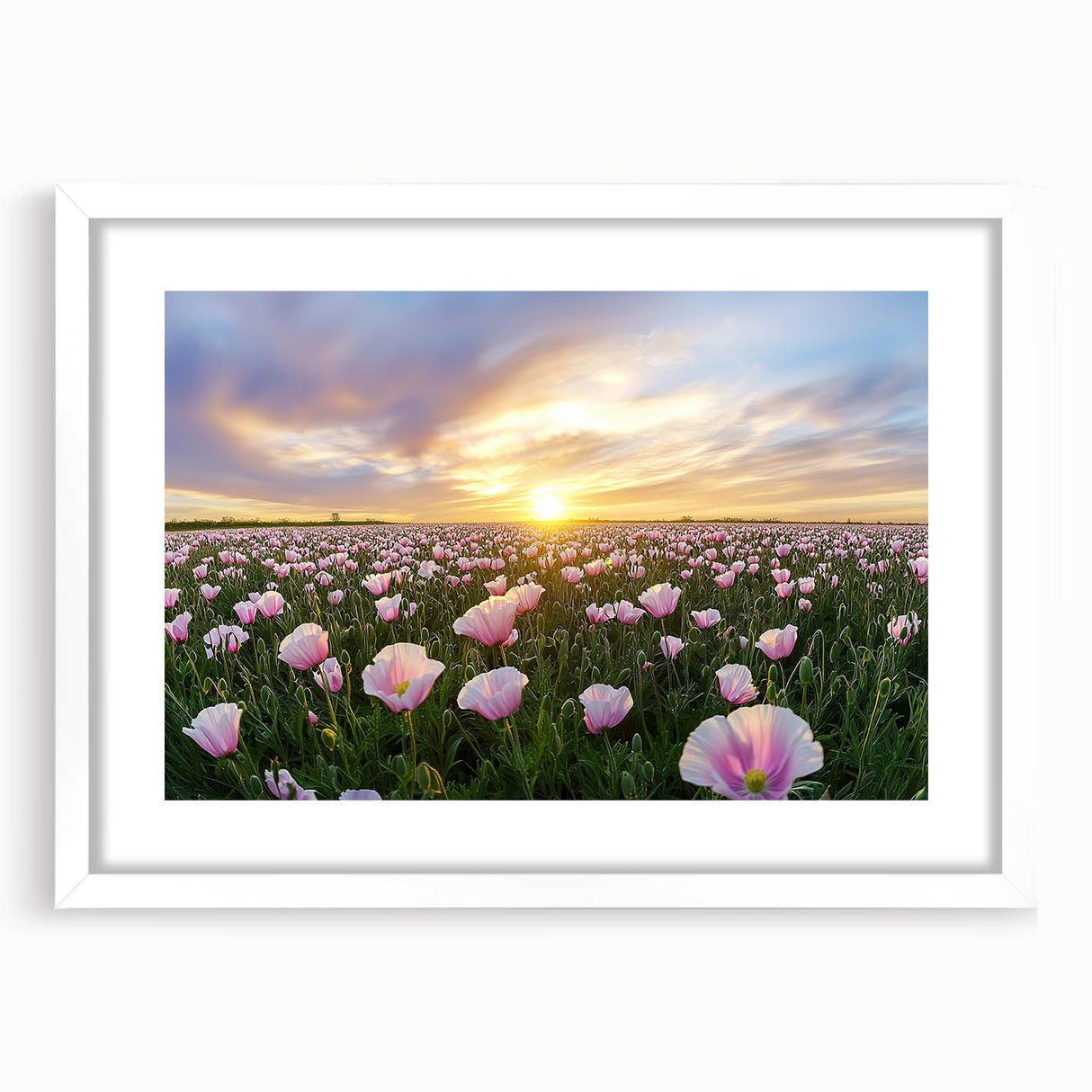 Framed landscape artwork depicting serene fields with a white mat, showcasing a modern aesthetic ideal for home decor or office settings, enhancing tranquility and style.