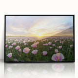 Framed acrylic artwork showcasing a vibrant landscape of colorful fields under a bright blue sky, with a sleek black frame enhancing its modern aesthetic. Ideal for home decor.