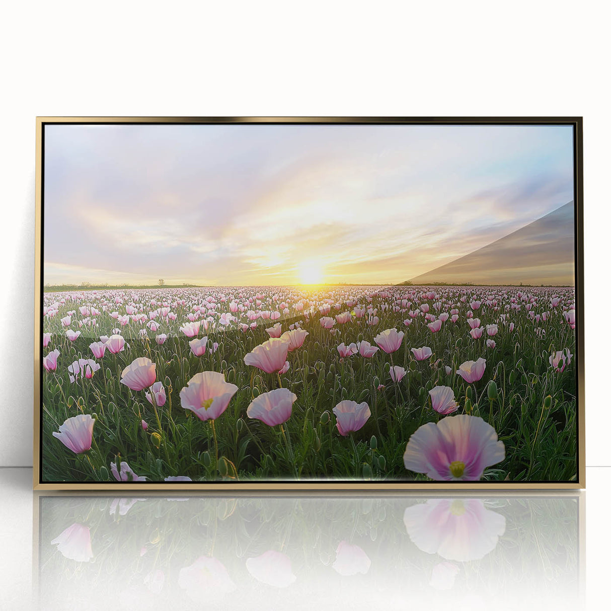 Framed acrylic artwork showcasing a vibrant landscape with golden fields under a clear blue sky, enhancing home decor with its warm tones and modern design.
