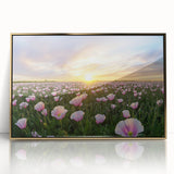 Framed acrylic artwork showcasing a vibrant landscape with golden fields under a clear blue sky, enhancing home decor with its warm tones and modern design.