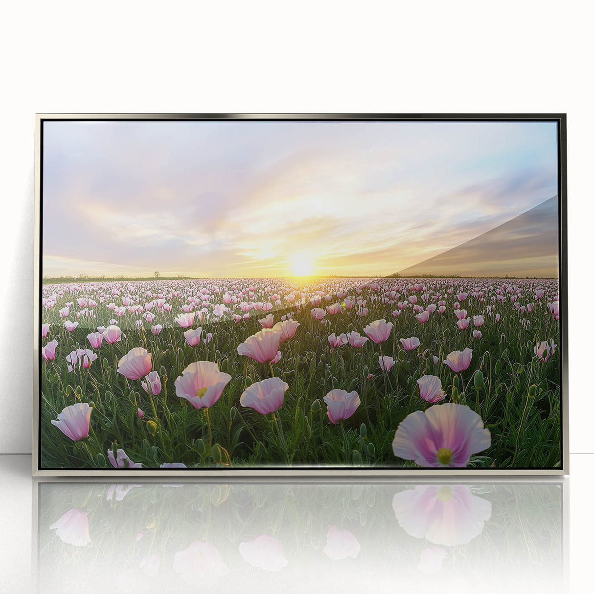 Framed acrylic artwork showcasing a serene landscape of golden fields under a bright blue sky, perfect for home decor and enhancing any living space.