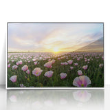 Framed acrylic artwork of serene landscapes depicting vibrant green fields under a clear blue sky, showcasing nature's beauty in a modern white frame. Perfect for home decor.