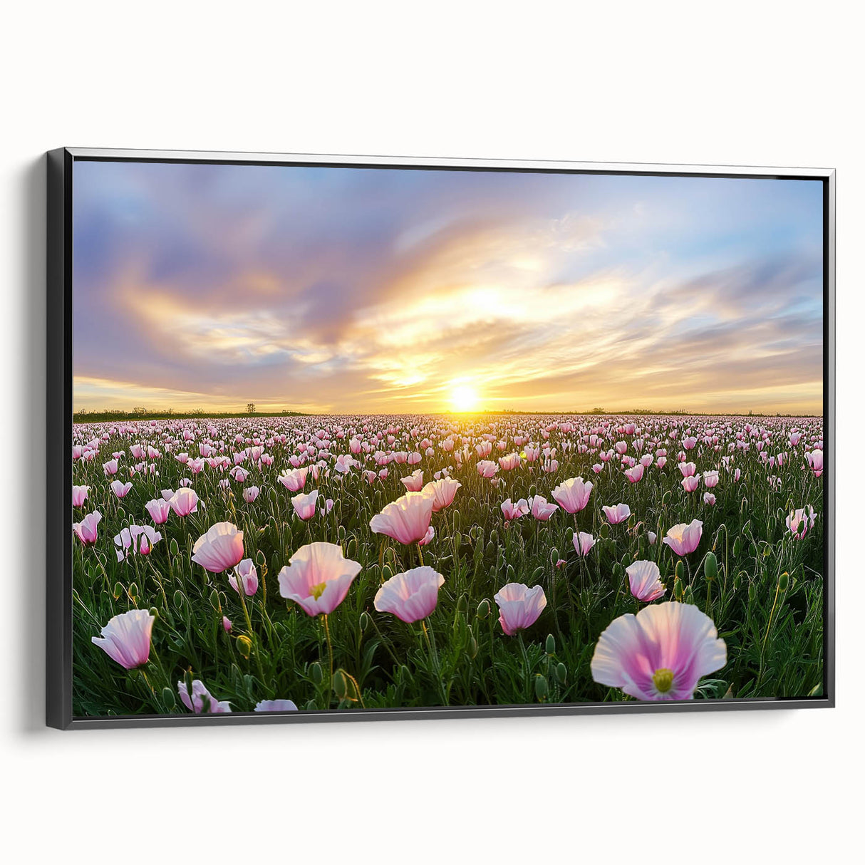 Framed canvas artwork showcasing a vibrant landscape of rolling fields in rich green and golden hues, presented in a sleek black frame, perfect for home decor.