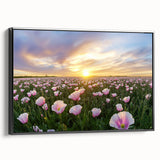 Framed canvas artwork showcasing a vibrant landscape of rolling fields in rich green and golden hues, presented in a sleek black frame, perfect for home decor.