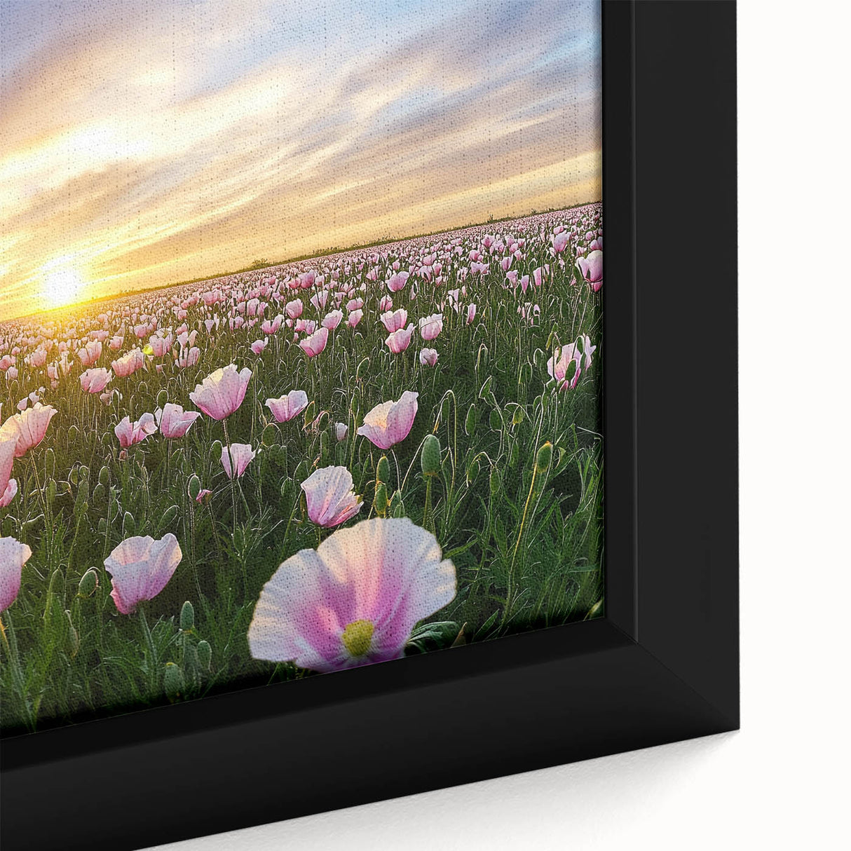 Close-up of a framed canvas showcasing a vibrant landscape featuring lush green fields under a bright blue sky, perfect for home decor and nature lovers.