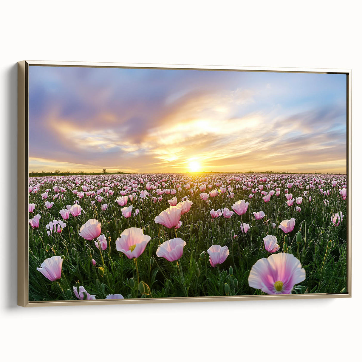 Framed canvas artwork of serene landscape fields bordered with gold, showcasing vibrant green fields under a clear blue sky, ideal for elegant home decor.