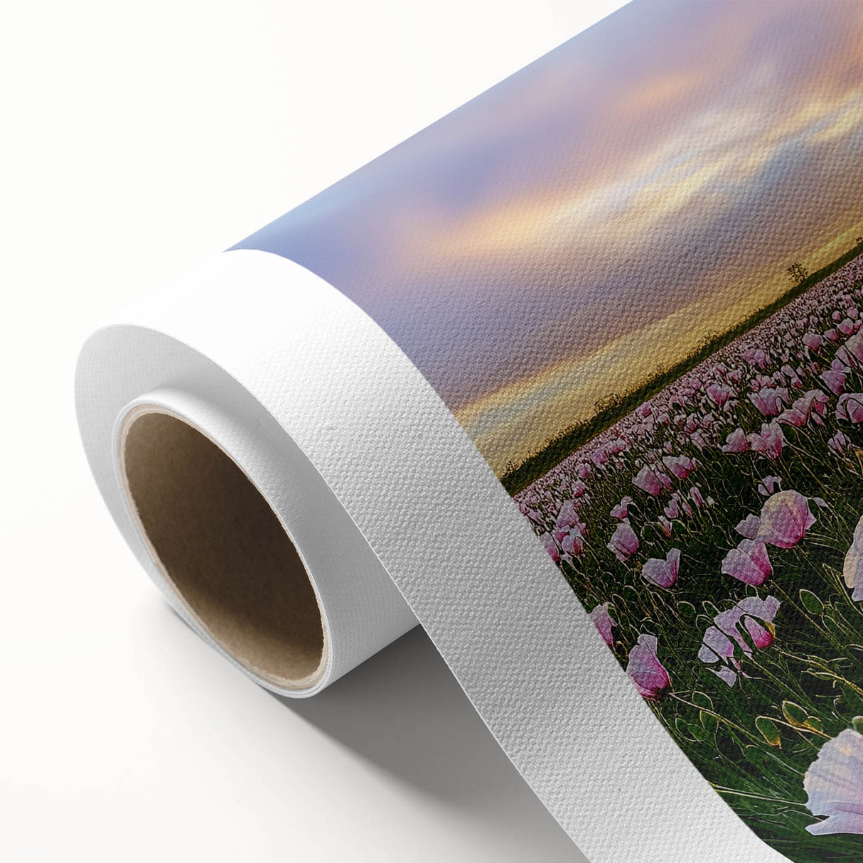 Vibrant rolled canvas art depicting serene landscapes with lush green fields and distant hills, showcasing a textured surface, ideal for home decor and interior design.