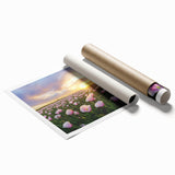 Vibrant rolled canvas print showcasing a serene landscape of golden fields under a blue sky, elegantly packaged in a protective cardboard tube for easy display.