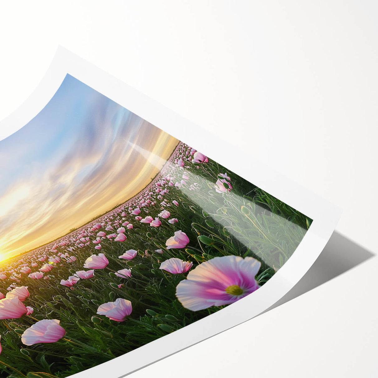 Vibrant landscape print showcasing rolling green fields under a blue sky, rolled and ready for display, perfect for home decor and art enthusiasts.