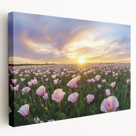 Vibrant stretched canvas artwork depicting a serene landscape of rolling fields in rich green and golden hues, showcasing a side view for depth and detail.
