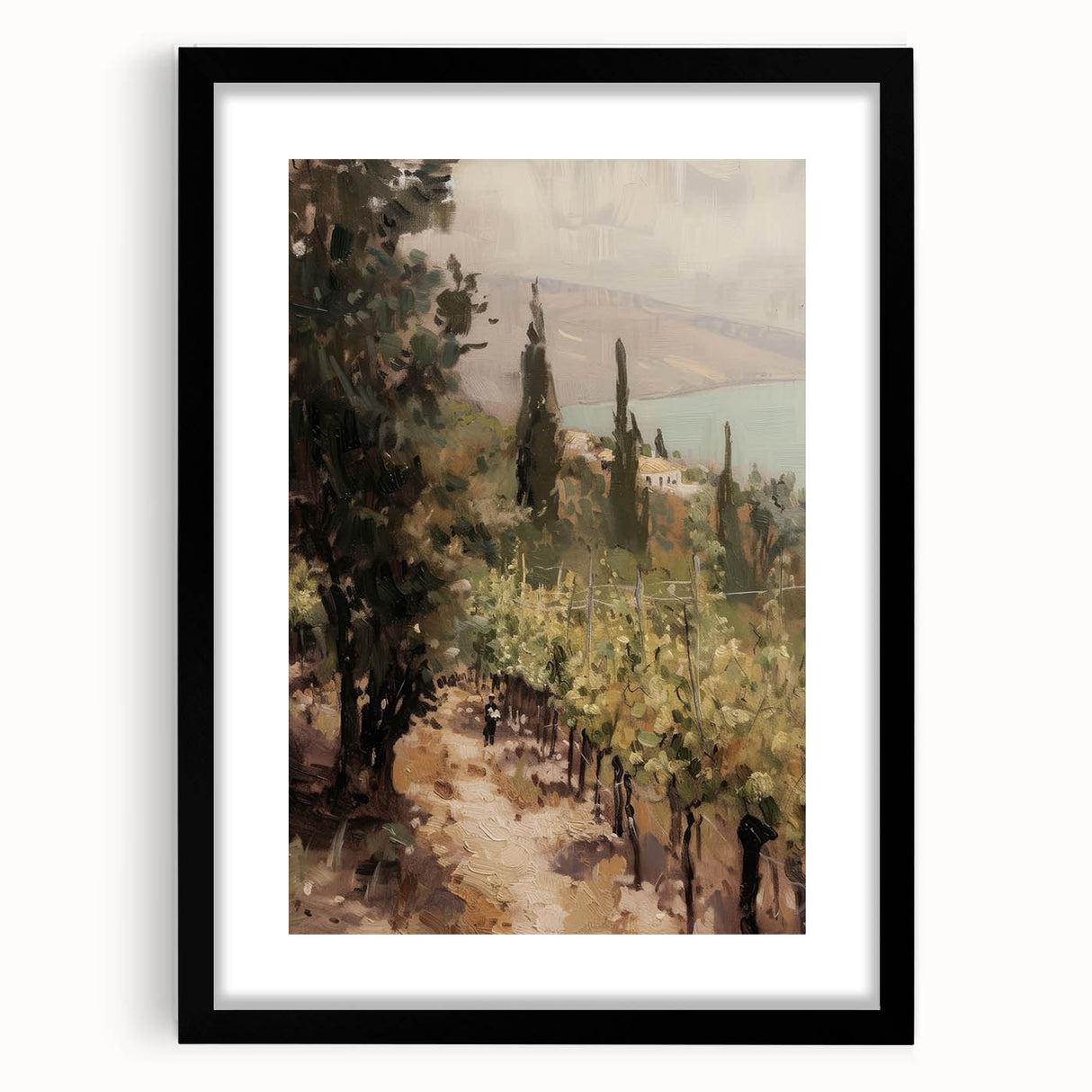 Black landscape frame with a white mat, showcasing a serene artwork featuring mountains and a sunset, perfect for enhancing modern home decor.