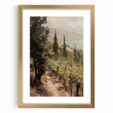 Framed landscape art print with a gold mat, showcasing vibrant colors and intricate details, perfect for enhancing home decor in a modern setting.