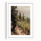 White-framed landscape art print featuring a serene mountain scene with a mat, ideal for home decor. Perfect for adding a touch of nature to interior spaces.
