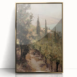 Framed acrylic artwork depicting a stunning landscape in vibrant colors, featuring a sleek gold frame that enhances its modern aesthetic, ideal for home decor.