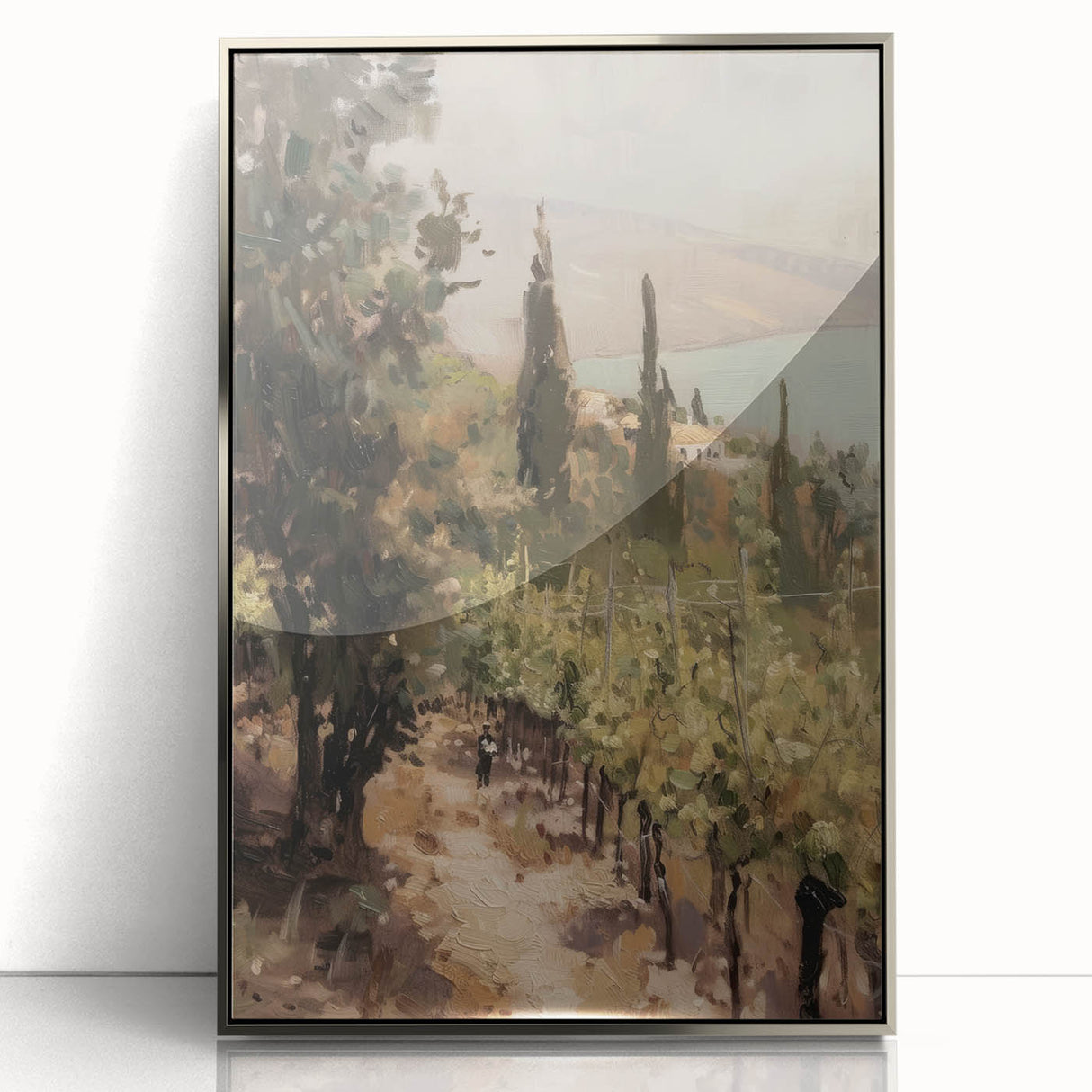 Framed acrylic print displaying a stunning landscape design with silver accents, ideal for modern home decor. Perfect for adding elegance to any living space.
