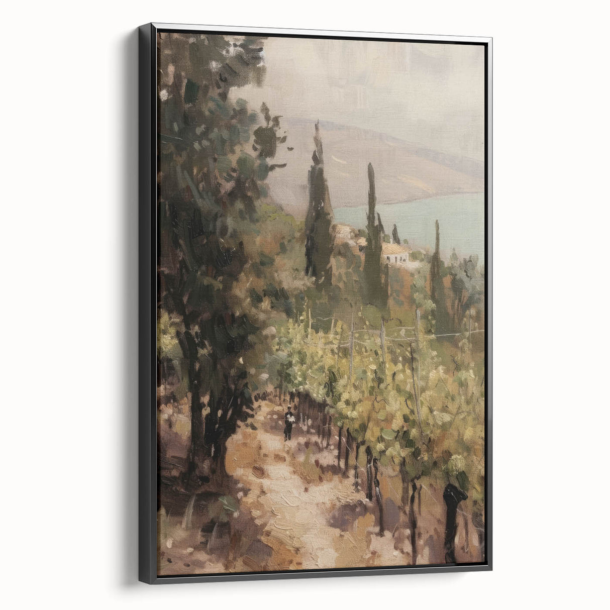 Framed canvas artwork depicting a serene landscape with vibrant colors, showcasing a black frame and side view, ideal for home decor or office settings.