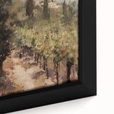 Close-up view of a framed landscape canvas featuring vibrant colors and intricate details of nature, showcasing a serene mountain scene, perfect for home decor.