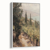 Framed canvas artwork depicting a serene landscape in soft earthy tones, showcasing intricate details and textures, presented in a sleek white frame for modern decor.