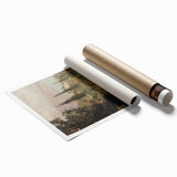 Vibrant rolled canvas print showcasing a serene landscape design with rich colors and intricate details, carefully packaged in a durable cardboard tube for safe shipping.