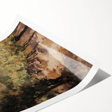 Vibrant rolled print showcasing a stunning landscape design, featuring lush greenery and rolling hills, packaged securely in a protective cardboard tube for easy shipping.