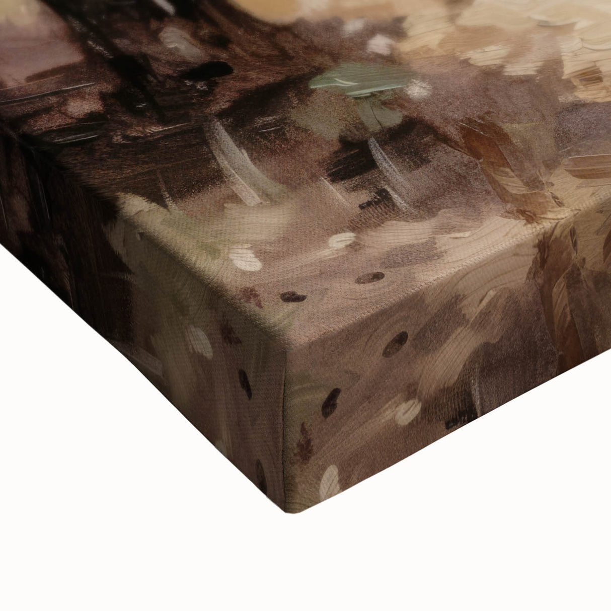 Close-up of a stretched canvas showcasing a vibrant landscape design with rich colors and intricate details, ideal for enhancing home decor and artistic spaces.