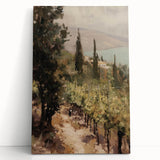 Stretched canvas artwork showcasing a serene landscape with vibrant colors, leaning against a wall, perfect for home decor or art enthusiasts. The piece captures natural beauty with a tranquil atmosphere, ideal for enhancing interior spaces.