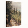 Stretched canvas artwork depicting a vibrant landscape with rich colors and detailed textures, showcased from a side view to highlight its depth and quality.
