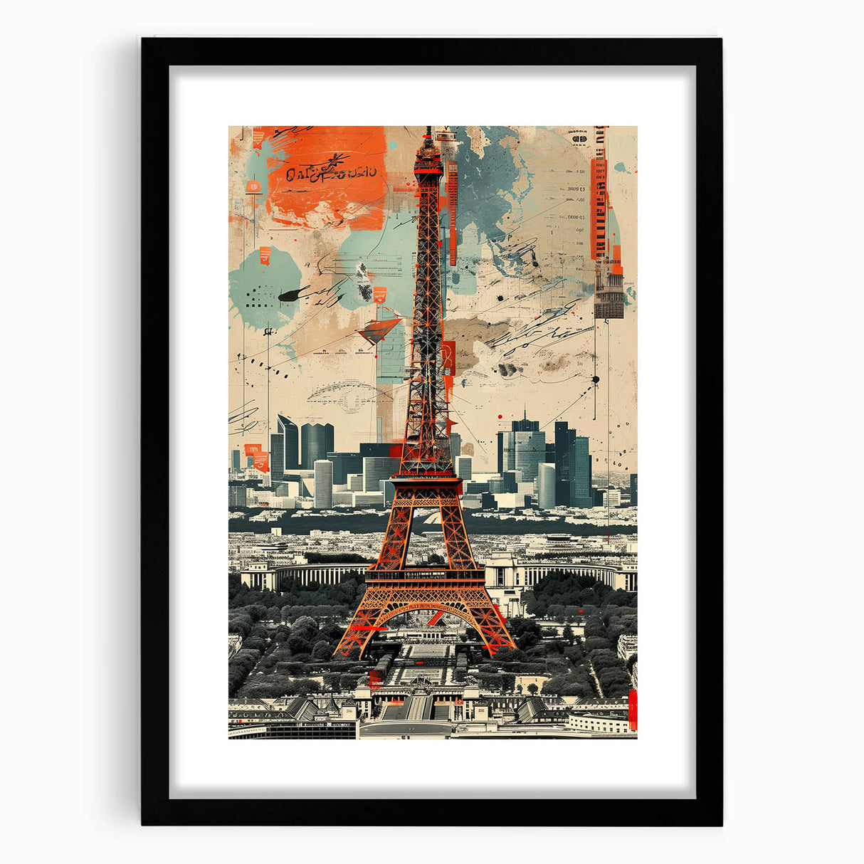 Abstract art print of Paris scenery in vibrant colors on a large framed canvas, suitable for living room decor.