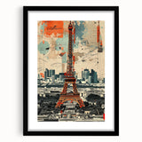 Abstract art print of Paris scenery in vibrant colors on a large framed canvas, suitable for living room decor.