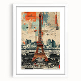 Textured art print of an abstract Paris skyline in muted gray and blue tones on framed white canvas, ideal for bedroom decor.