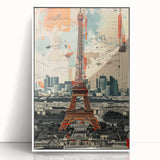Mid-century modernist art depicting the Eiffel Tower in pastel shades on a white acrylic framed print.