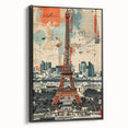 Black and white wall art of Paris landscape on framed canvas, ideal for bedroom decor, featuring vintage poster style.