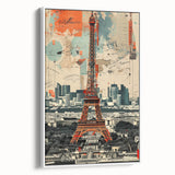 Vintage poster art of Paris with colorful, detailed illustrations on a large framed canvas, ideal for living room decor.
