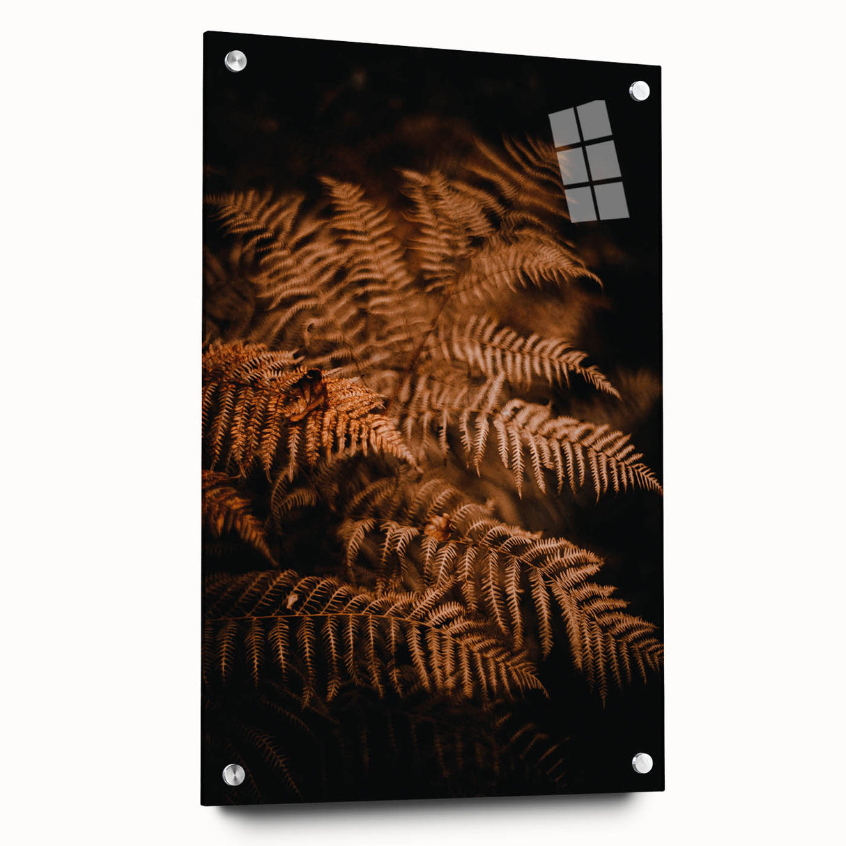 Large abstract wall art depicting fall colors on acrylic glass, ideal for bedroom or dining room decor.