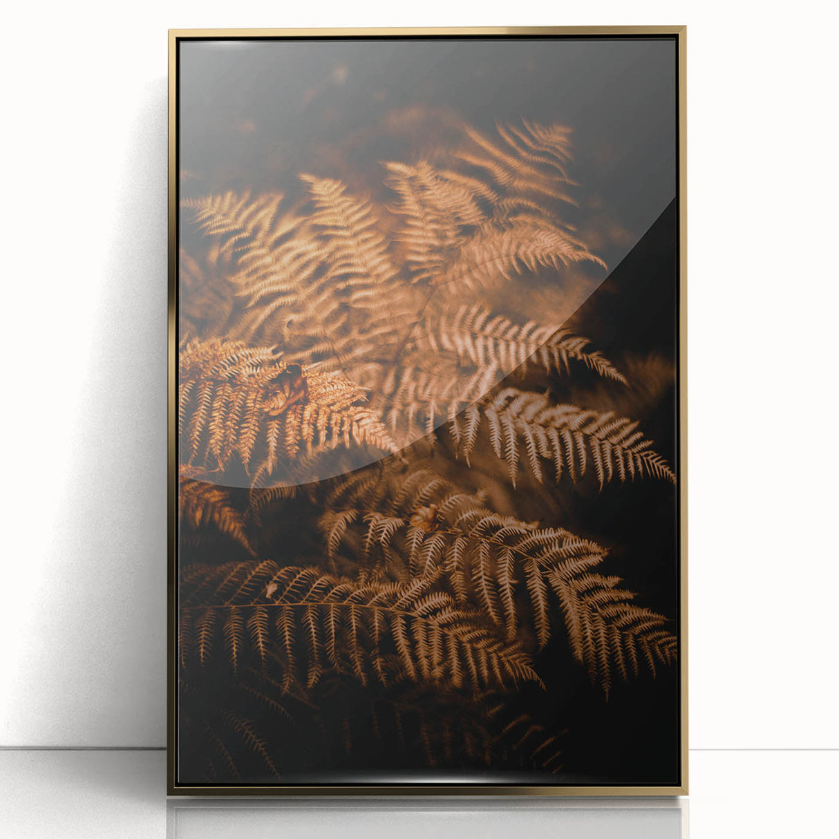Large art print depicting a mid-century modernist fall scene in warm gold tones, framed in acrylic.
