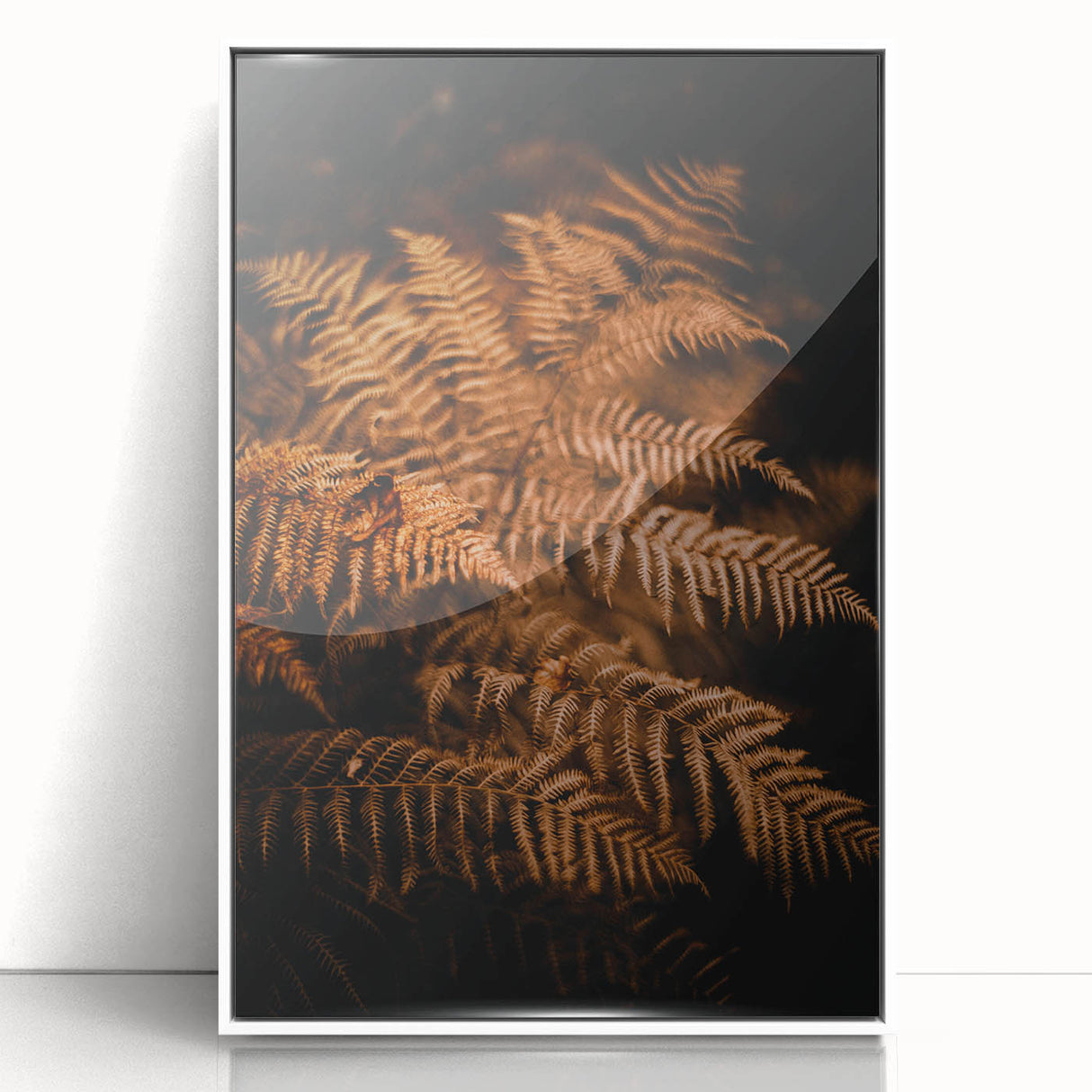 Art deco poster featuring autumn leaves in muted orange and brown tones, framed acrylic, ideal for nursery wall decor.