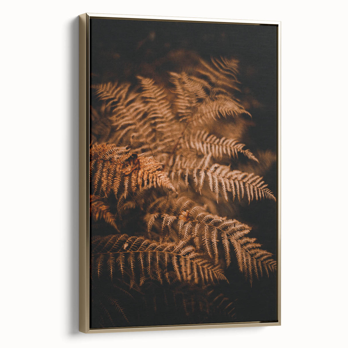 Framed canvas wall art depicting a vintage-style landscape with fall trees in muted gold and black tones.