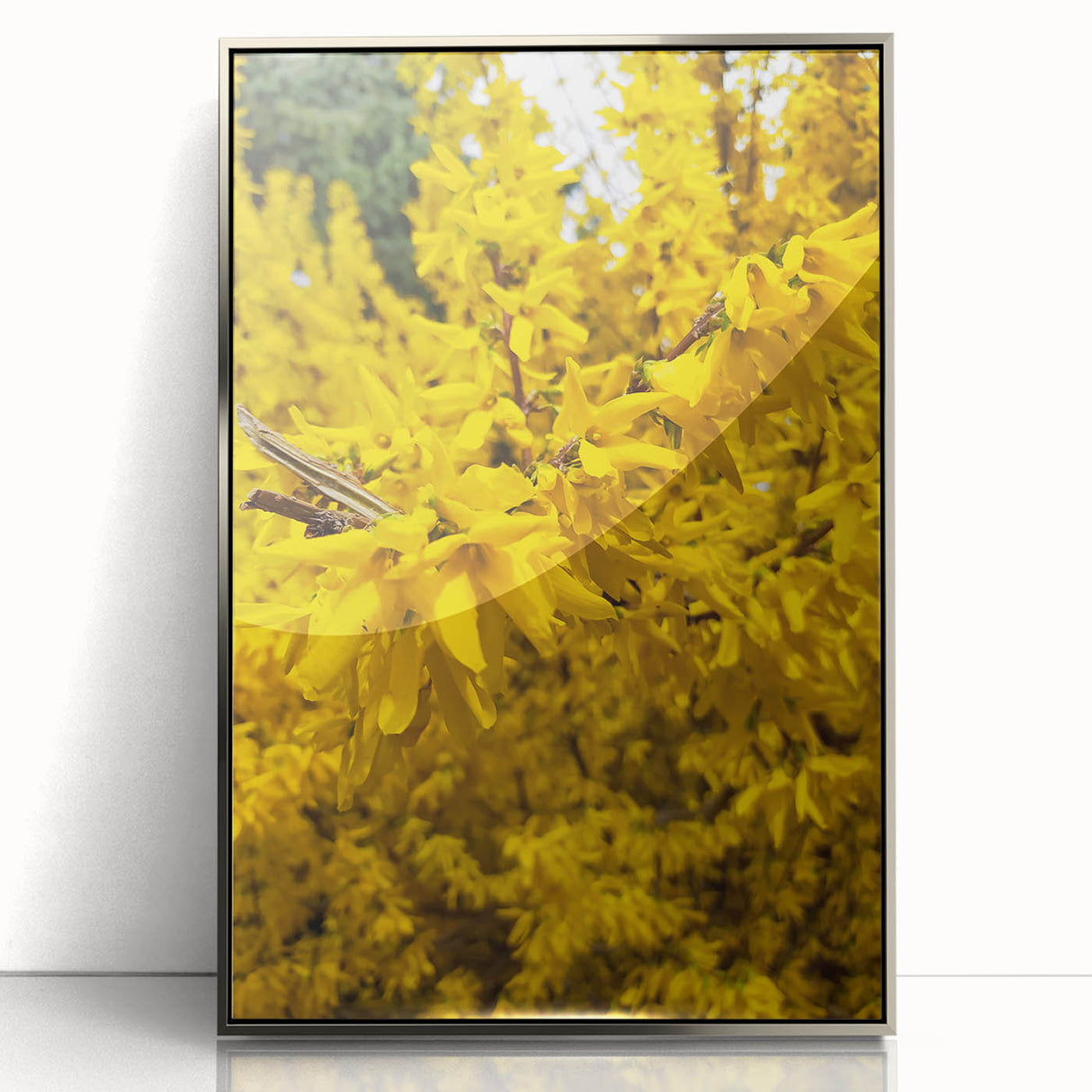 Mid-century modernist art depicting spring season in pastel shades on a silver-framed acrylic print.