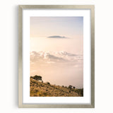 Textured art depicting abstract summer scene in muted orange and yellow tones, framed with a silver mat.