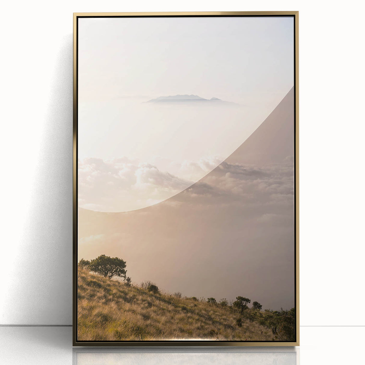 Large art print of a mid-century modernist summer scene, framed in gold acrylic, with vibrant green and yellow hues.