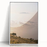 Art deco style poster featuring a summery scene in vibrant yellow and blue tones, framed in white acrylic.