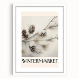 Abstract art print depicting a winter theme in cool blue and white tones, framed with a white mat.