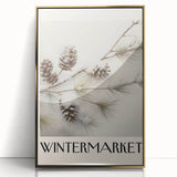 Mid-century modernist style large art print of a winter scene in muted gray and gold tones, framed acrylic.