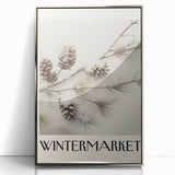 Mid-century modernist winter scene in muted blue and silver tones, framed acrylic, ideal for nursery wall art.