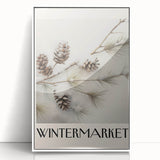 Art deco poster featuring a stylized winter scene in muted blue and white tones on a framed acrylic.