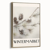 Winter landscape painting on framed canvas, featuring snow-covered trees in muted whites and grays.