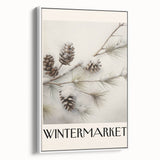 Framed canvas depicting a vintage poster art of a wintry scene in muted gray and white tones, ideal for living room decor.