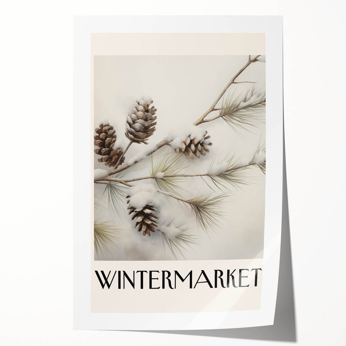 Rolled canvas print of a winter-themed floral art in muted blue and white tones, suitable for dining room or bathroom decor.