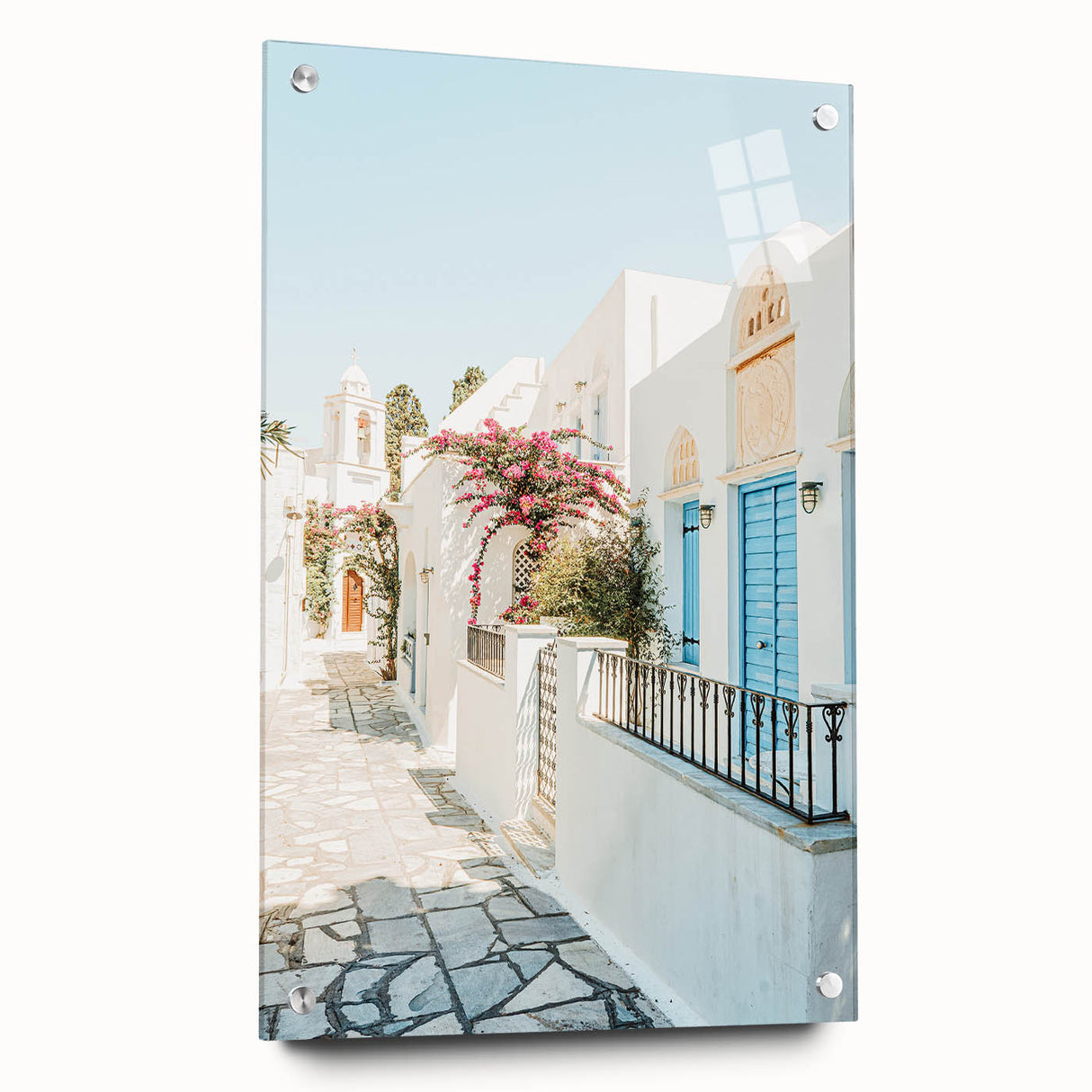 Large abstract wall art on acrylic glass featuring swirling blue and white patterns.